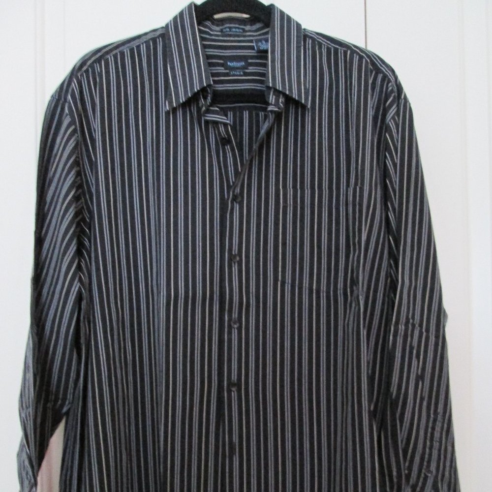 Van Heusen No Iron Button Up Long Sleeve Black Strip Shirt XL 23.5" Sleeves